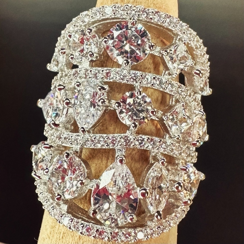 NEW Simulated Diamond Rhodium Plated 925 Sterling Silver MultiBand Illusion Ring
